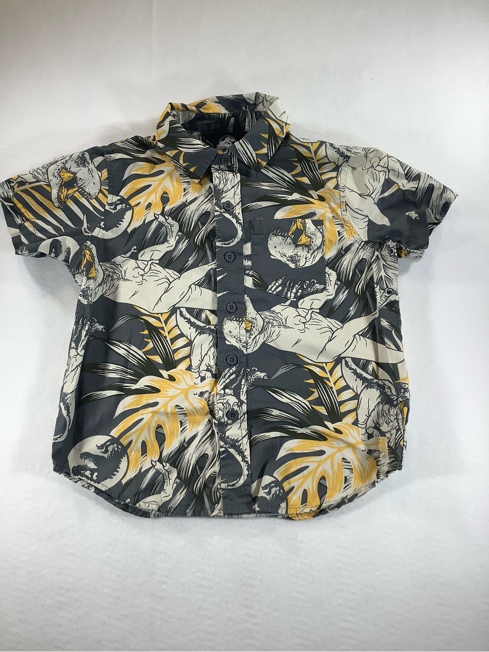 Boys Short Sleeve Button-Down Shirt - Gray & Yellow Tropical Print